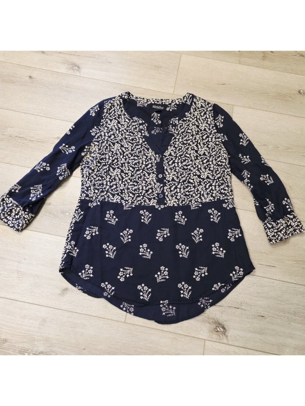 Lucky Brand Navy Blue Boho Whimsygoth Floral Peasant Blouse 3/4 Sleeve Sz Sm